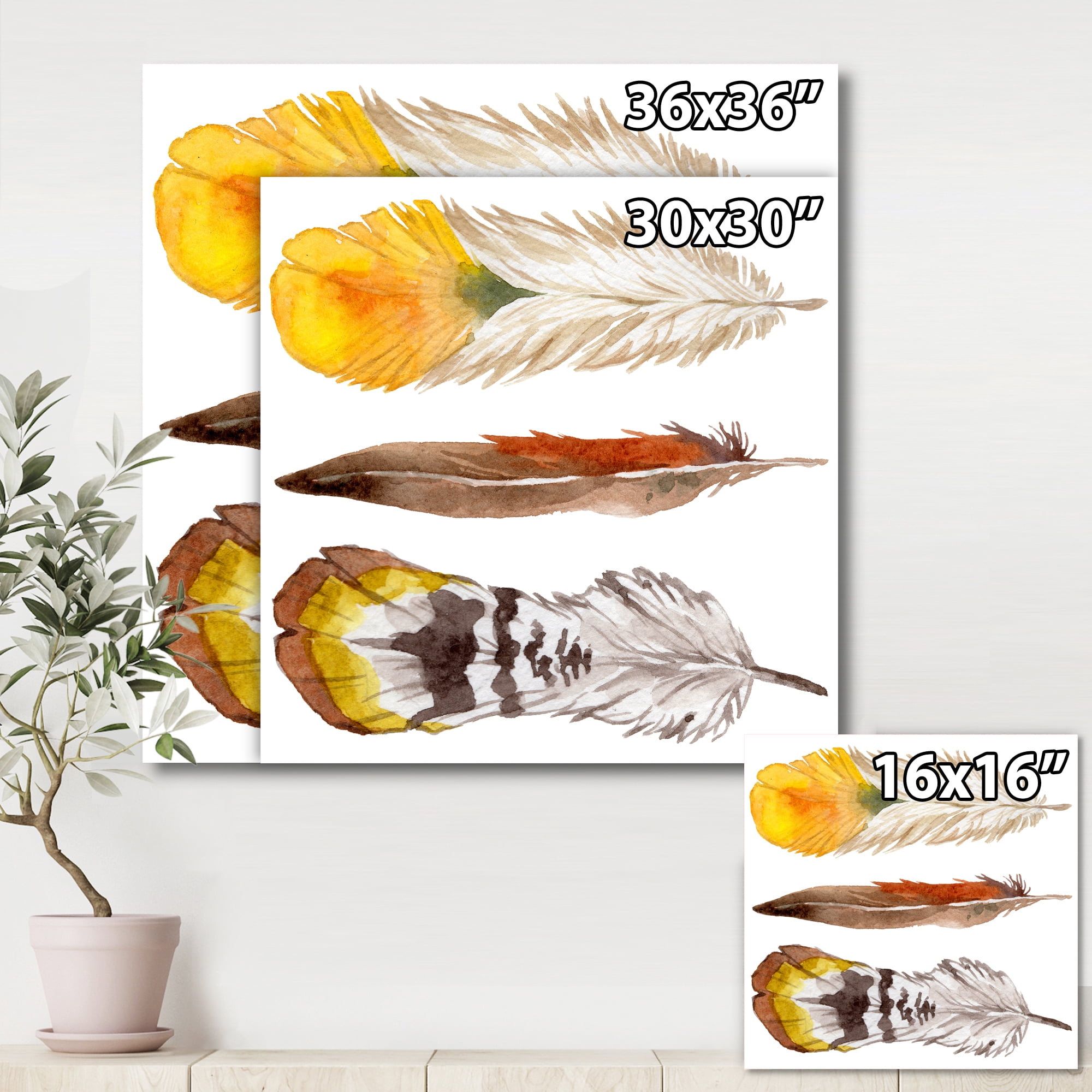 Ethnic Yellow Feather From Wing On White 30 in x 30 in Painting Canvas Art Print, by Designart