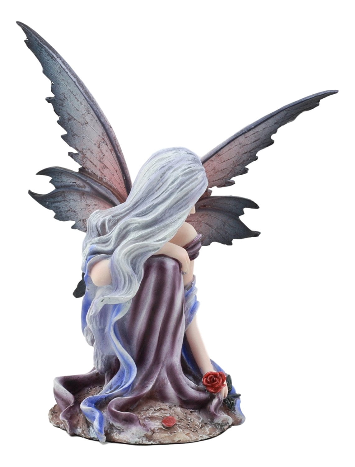 Ebros Silver Haired Winter Fairy Holding Red Rose Figurine Fairy Garden Faerie Fantasy Sculpture 6.25"H