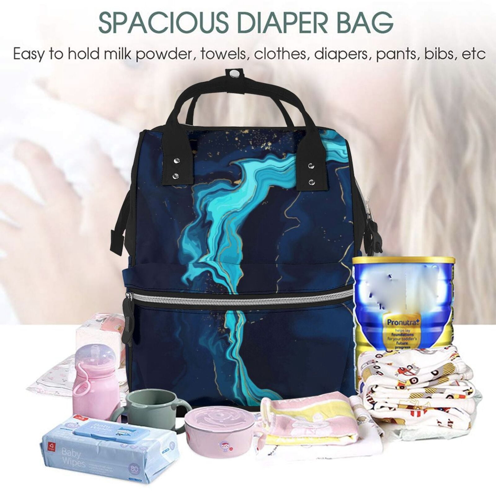 Ratiio Blue Marble And Gold Mummy Backpack - Waterproof Twill Canvas, Large Capacity Diaper Bag with Multiple Pockets and Adjustable Straps