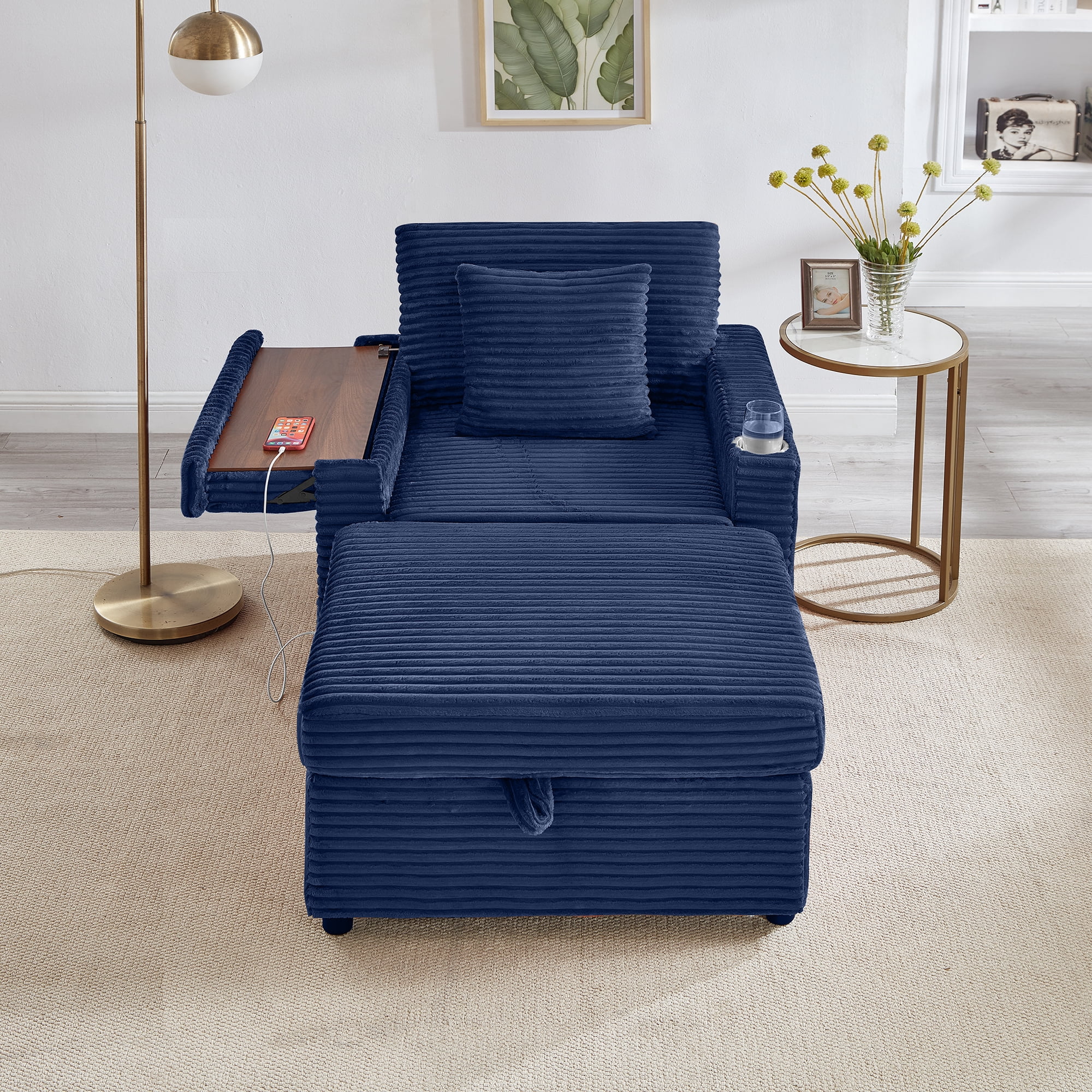34.5" Soft Chaise Lounge Accent Chair Set with Ottoman, Table Board and Cup Holder
