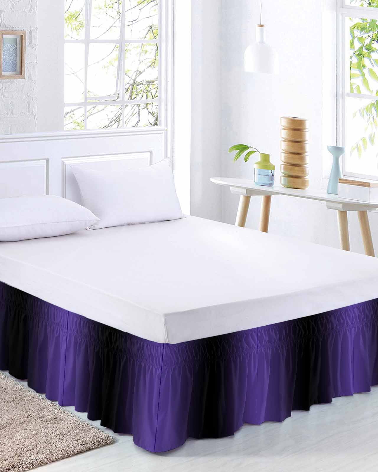 Purple Black Ombre Bed Skirt Cal King Size, Gradient Contemporary Abstract Art Wrap Around Bed Skirting with Adjustable Elastic Strap, Dust Ruffled Pleated Bedskirts 18 Inch Drop for Bedroom Beds