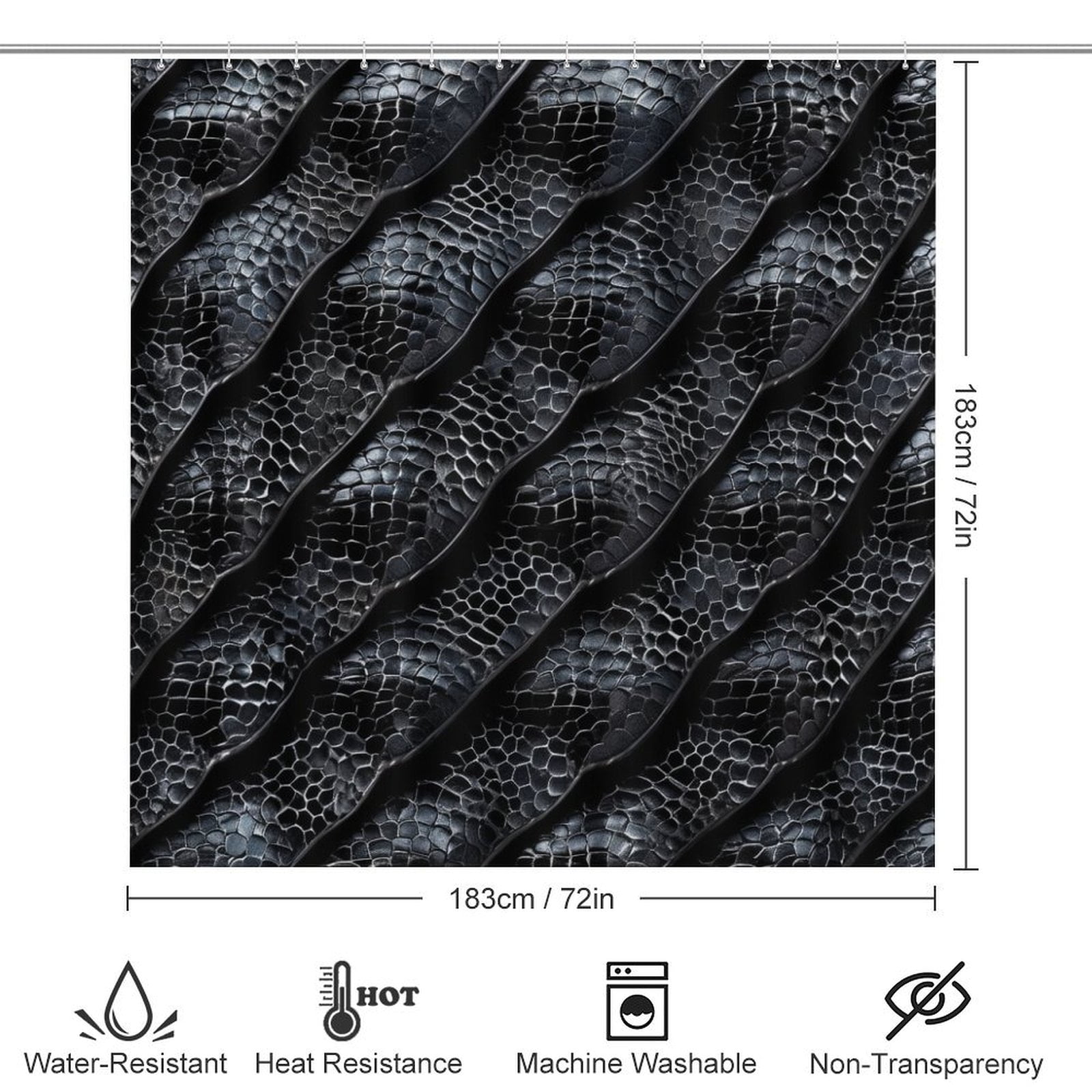 Dark Snakeskin Scale Pattern 4 Pcs Bathroom Shower Curtain Set, Bathroom Sets with Rugs (Bath Mat, U Shape and Toilet Lid Cover Mat) and 12 Hooks,