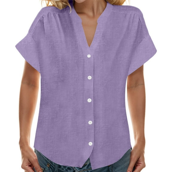 MDUKONU Womens Short Sleeve Shirts V Neck Collared Button Down Shirt Tops Light Purple XL