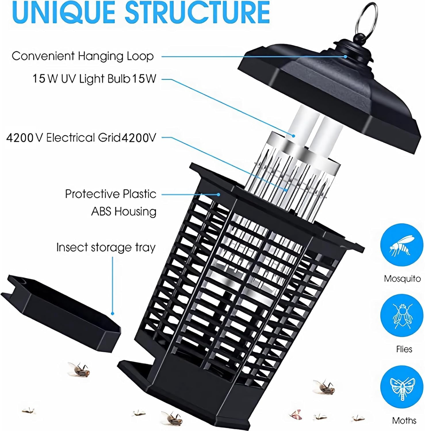 Bug Zapper Outdoor, Mosquitos Zapper, Flying Insects for Indoors 4200V Electric Mosquito Traps 15w Insect Control, Fly Zapper, Insect Trap for Yard, Electric Mosquito Killer for Home