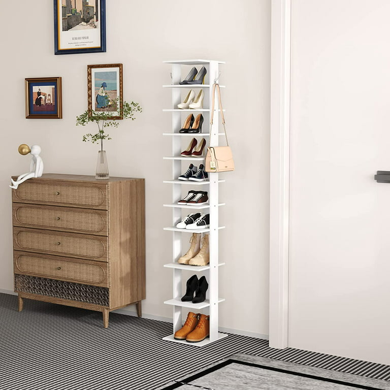 Shoe Rack Wooden, Tall Shoe Rack, Narrow Shoe Storage Organizer with 2  Hooks, Slim Shoe Shelf
