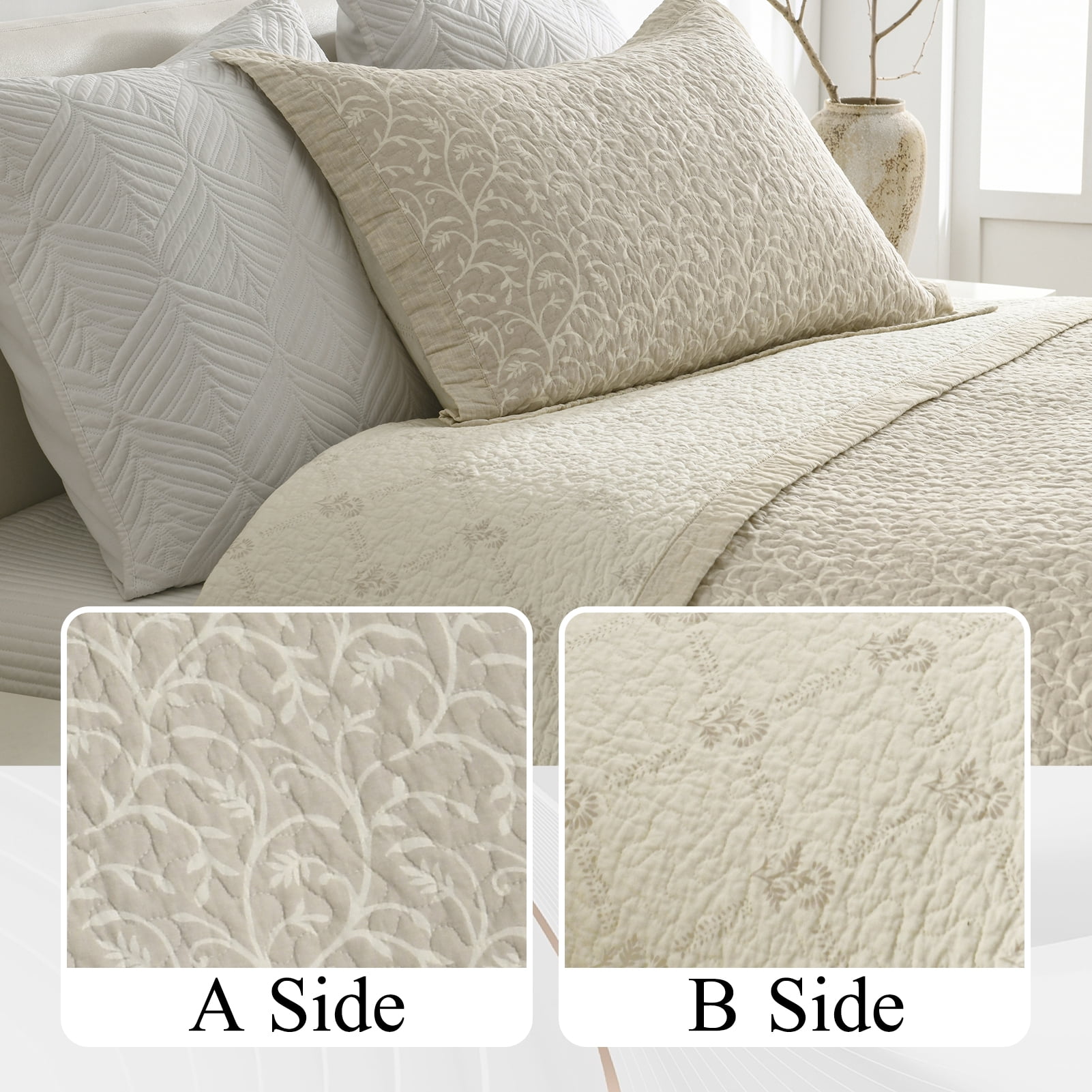 CozyDH 3-Piece Farmhouse King Size Quilt Set - 100% Cotton Classic Bedspread with 2 Shams, Oatmeal Vine Pattern