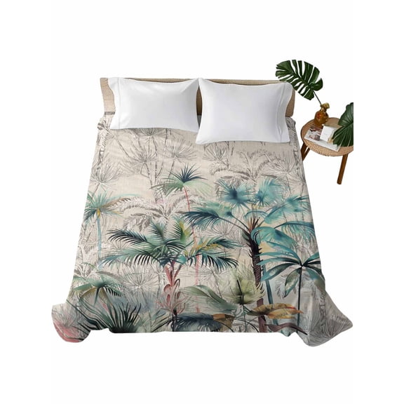 Summer Palm Trees Flat Sheets Only Queen Size, Soft Breathable Bed Top Sheets for Mattress, Vintage Botanical Tropical Leaves Luxury Bedding Flat Sheets for Home Hotel Bedroom Bed Protection