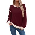 thumbnail image 1 of Sudadera Informal de Larga para Mujer, Cuello Redondo, Holgada, , con Ribete en Contraste. Vino Tinto M, 1 of 9