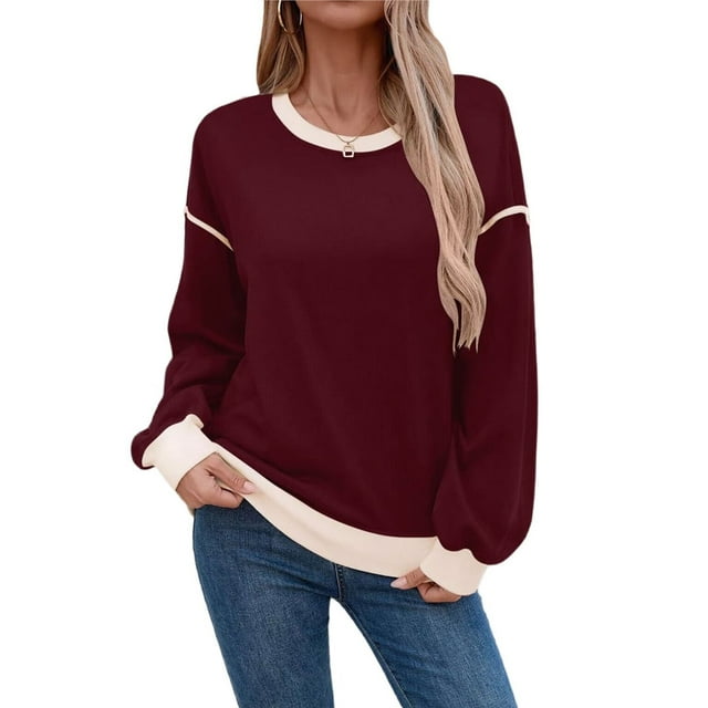 Sudadera Informal de Larga para Mujer, Cuello Redondo, Holgada, , con Ribete en Contraste. Vino Tinto M