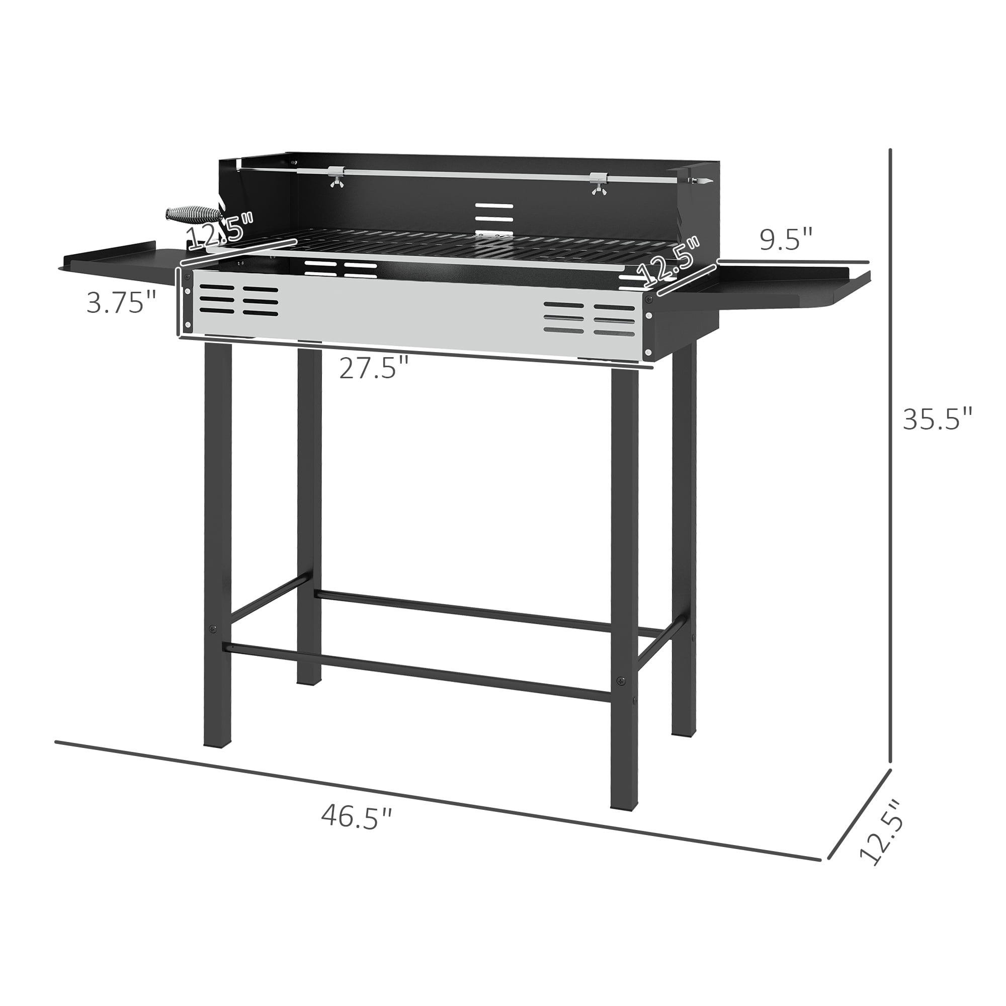 Zateety  BBQ Rotisserie Grill Roaster, Charcoal Split Roaster for Chicken or Turkey with 3-Level Grill Grate, Foldable Storage Shelves, and Wind Deflector, Stainless Steel, Black