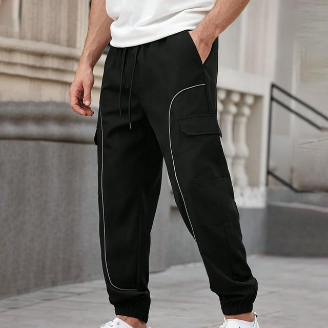 Pantalones deportivos largos para hombre, informales, con bolsillo, cordón y cremallera, color liso, cintura elástica, para correr