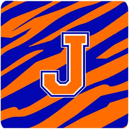 

Monogram - Tiger Stripe - Blue Orange Foam Coasters Initial Letter J Set - 4