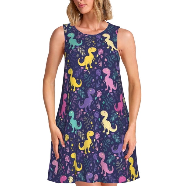 Disketp Colorful Dinosaur para Vestido sin Mangas para Mujeres, Vestidos de Verano para Mujeres, Casual y Holgado para la Playa