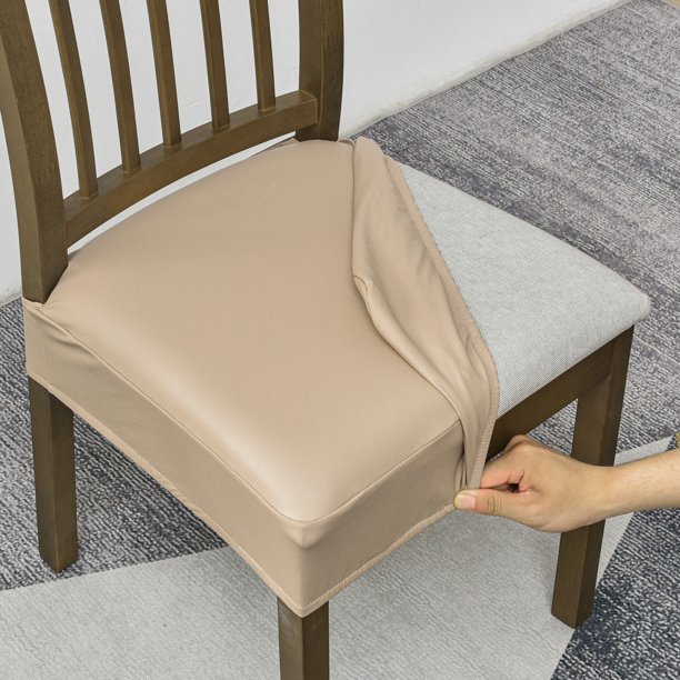 Xiao Hua Funda de Asiento de Silla de Comedor de Cuero Caqui -2 Piezas, Banda Elástica Impermeable, Bolsillo Deslizante, Adecuada para Protección de Cocina y Comedor sin Reposabrazos