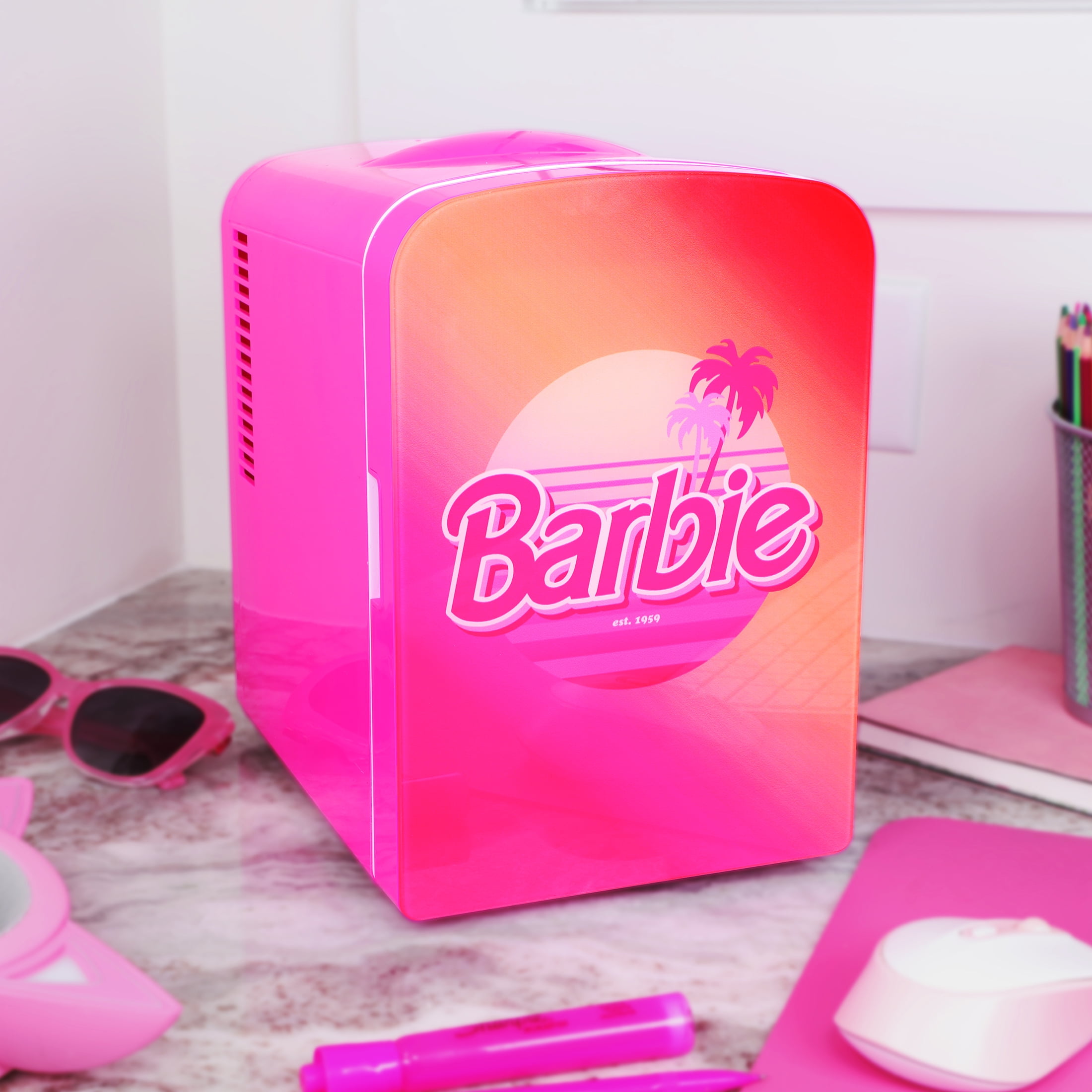 Barbie Hot Pink Malibu 4L Cooler Mini Fridge with Glass Door 6 Can