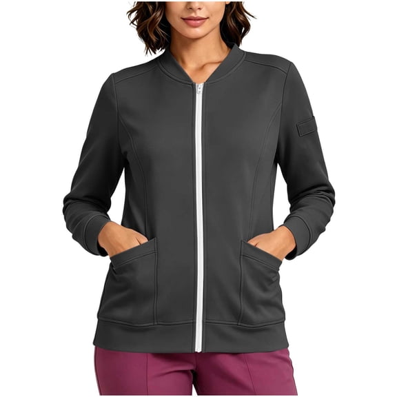 Vivianyo HD Women's V‑Neck Zip Up Nurse Work Sweatshirt, Fitted Stretch Long Sleeve Top, Fall Uniform Cover Up with Pen Sleeve Slots and Pockets for Medical Workplace and Daily Errands, Sizes S-2XL