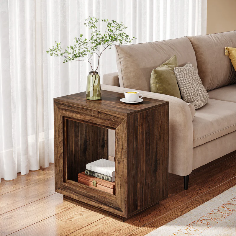 MAYEERTY Square Wood End Table, Rustic Walnut Finish Storage Side Table Nightstand for Living Room Bedroom