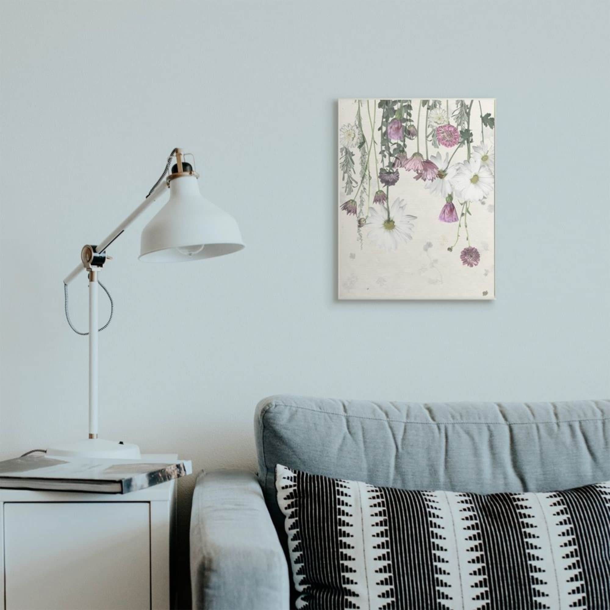 Stupell Industries Hanging White and Purple Flowers over Neutral Beige Design by Grace Popp