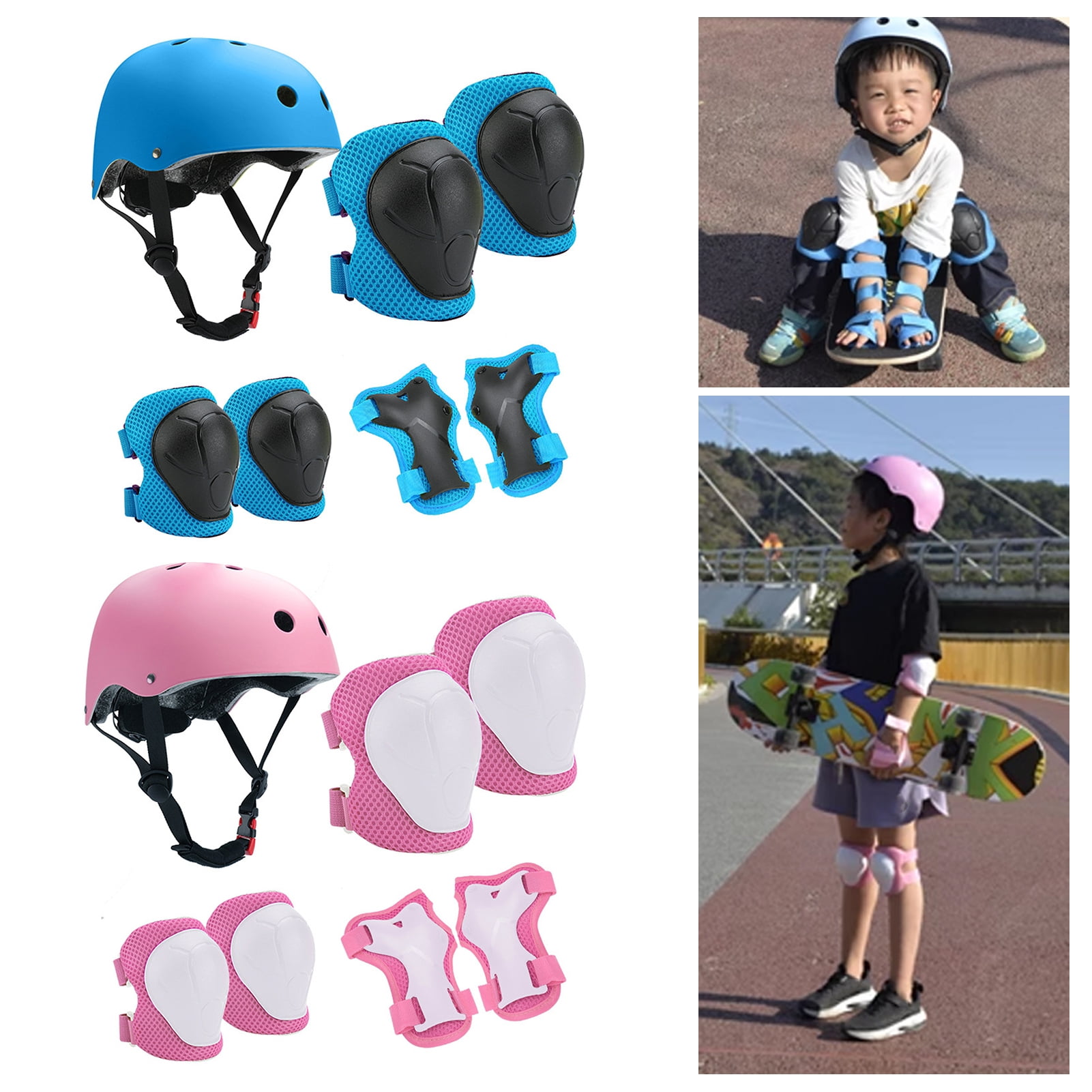 Hyasfey 7Pcs/Set Kids Cycling Protective Gear Kit Roller Skate Skateboard Skating Bike Scooter Adjustable Helmet Knee Elbow Pad Wrist Guard Protector