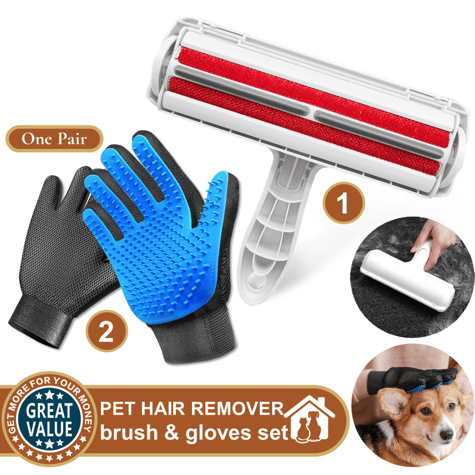 ComfiTime Pet Hair Remover & Pet Grooming Gloves Set, Dog/Cat Grooming ...