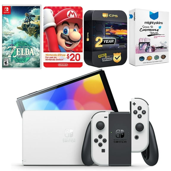 Nintendo Switch White OLED Console with The Legend Of Zelda Tears of the Kingdom, Nintendo $20 eShop Gift Card, MightySkins Console and Controller Skin Voucher, and 2 Year CPS Extended Warranty