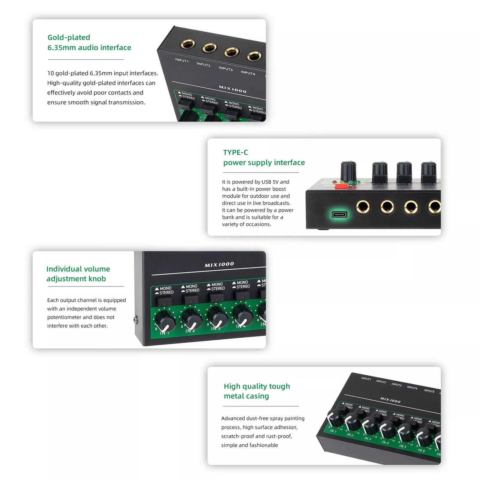 Precision Sound Mixer for Detailed Audio Adjustment Independent Control Knobs & Low Noise Chip