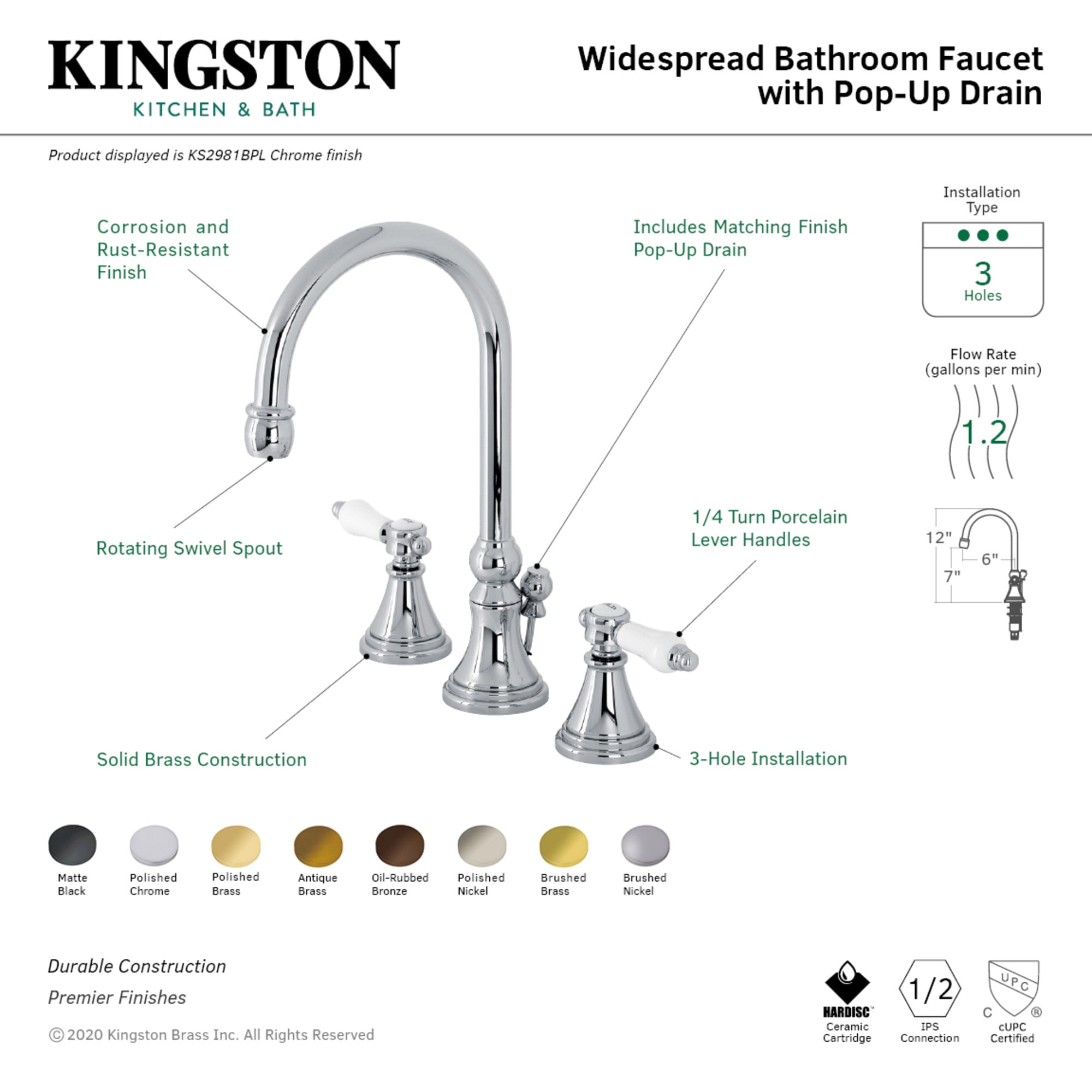 Kingston Brass KS2983BPL Bel-Air Widespread Bathroom Faucet with Brass Pop-Up, Antique Brass