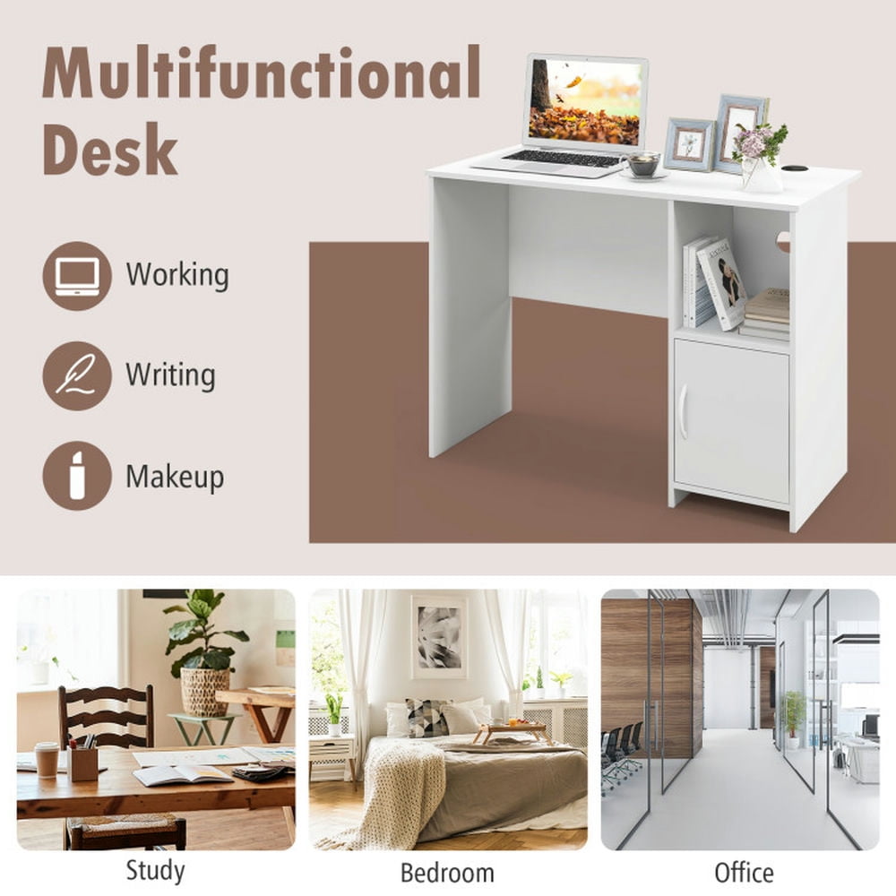 Demi Bonn Modern Computer Desk with Cabinet, Small Home Office Desk Study Writing Table, White