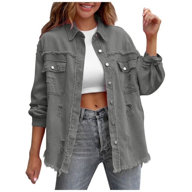 Birdeem Women's Denim Jacket, Solid Color, Fringed Ripped, Long Sleeved, Lapel Button, Jackets for Women, Denim Jacket for Women