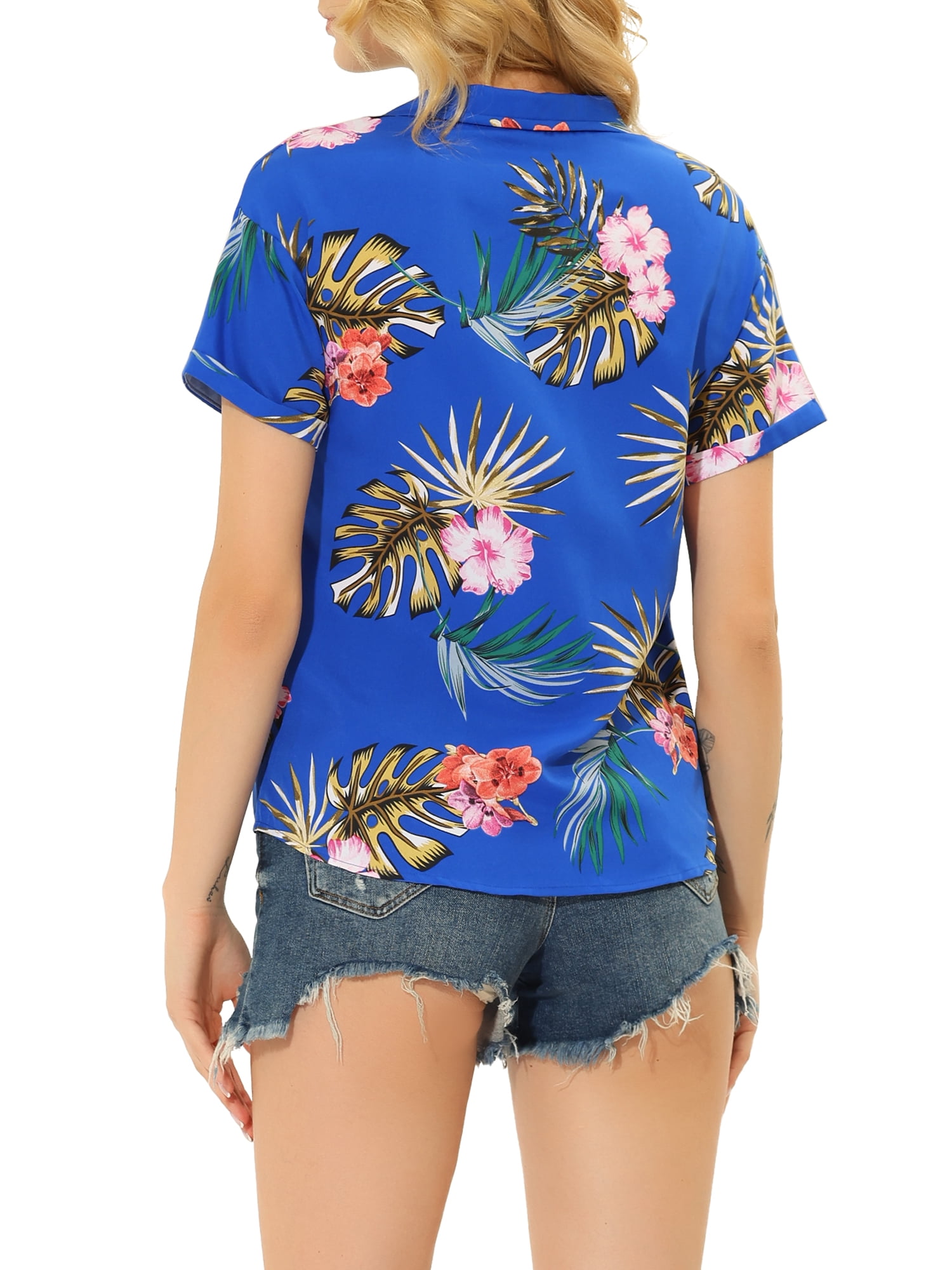 DARING DIVA Floral Leaves Print Short Sleeve Beach Top S Royal Blue