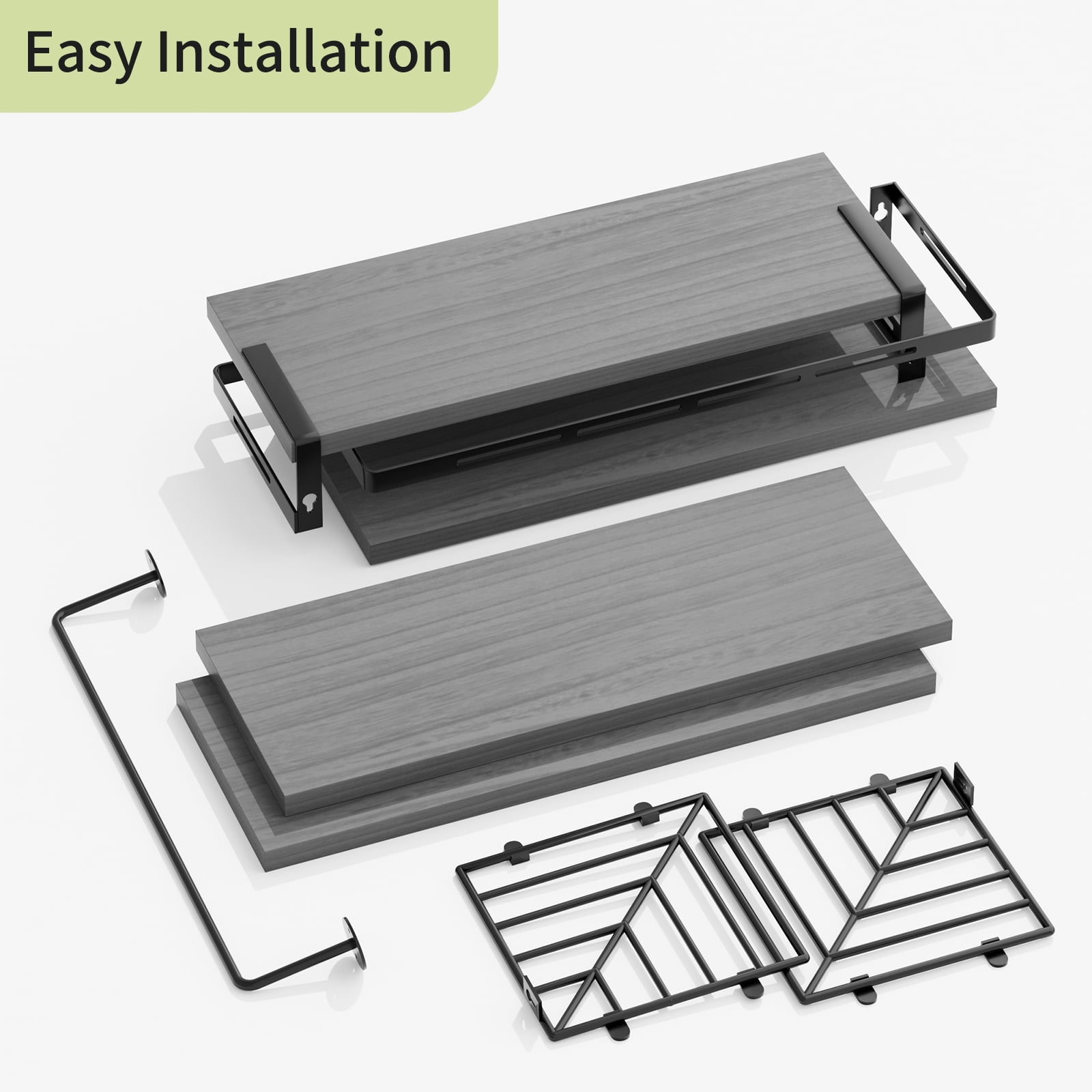 Fairy 4pcs Bathroom Floating Shelves Over Toilet, Wall Shelves with Towel Bar for Bathroom, Living Room (Gray)