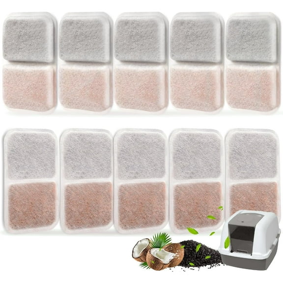 Pack of 10 filter replacements suitable for large, regular, or Catit Smartsift litter boxes. Dual-action air purifier pads absorb and neutralize odors from the litter box.