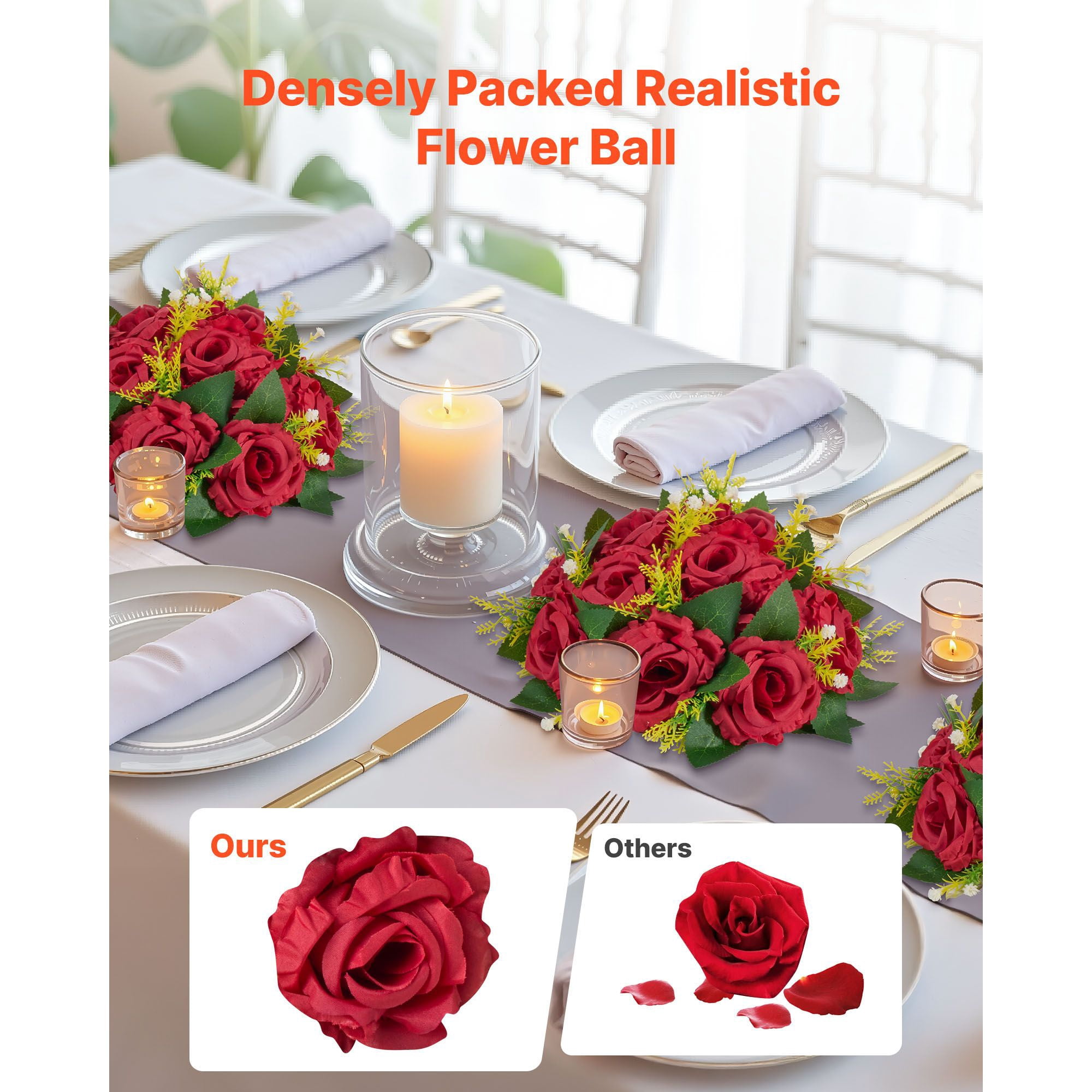 Artificial Flower Balls 10-Pack, 9.5 Inch Silk Rose Centerpieces, Half-Sphere with Stable Bases, Dense Blooms, Fade-Resistant for Wedding Party Table Decor
