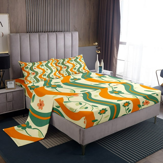 YST Flowers Bed Sheets Set Full Size 4pcs, Simple Ripple Printed Room Decor Sheet Set, Gradient Florals Kids Girls Bedding For Bedroom, Yellow Green Retro Leaves Lightweight Bedding Set