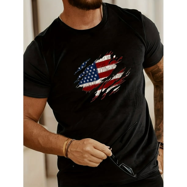 Camiseta con estampado de la bandera estadounidense patriótica para hombre, estilo casual, corte regular, con estampado geométrico, ideal para todas las estaciones, ropa de moda para adultos.