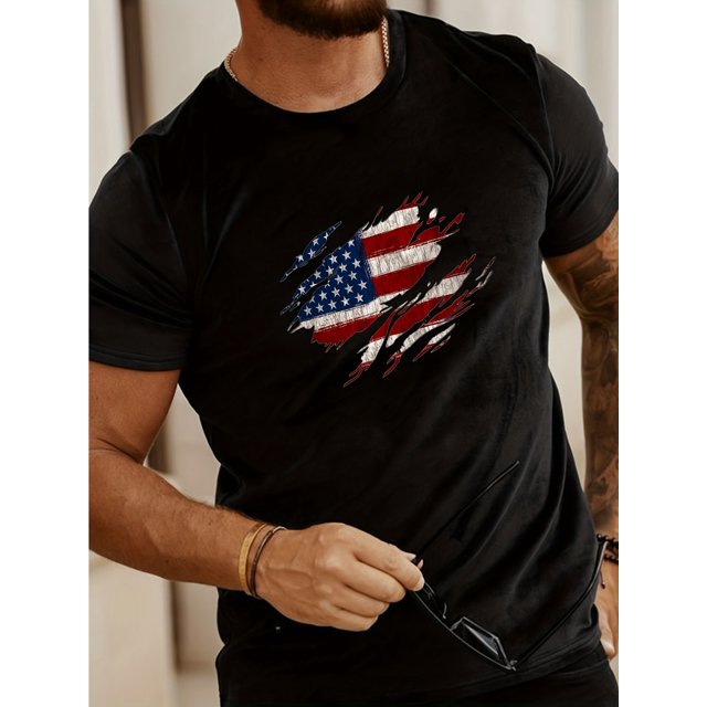 Men'S Patriotic American Flag Graphic T-Shirt, Casual , Regular Fit, with Geometric Pattern, for All-Season Top, Adult Male Fashion Apparel