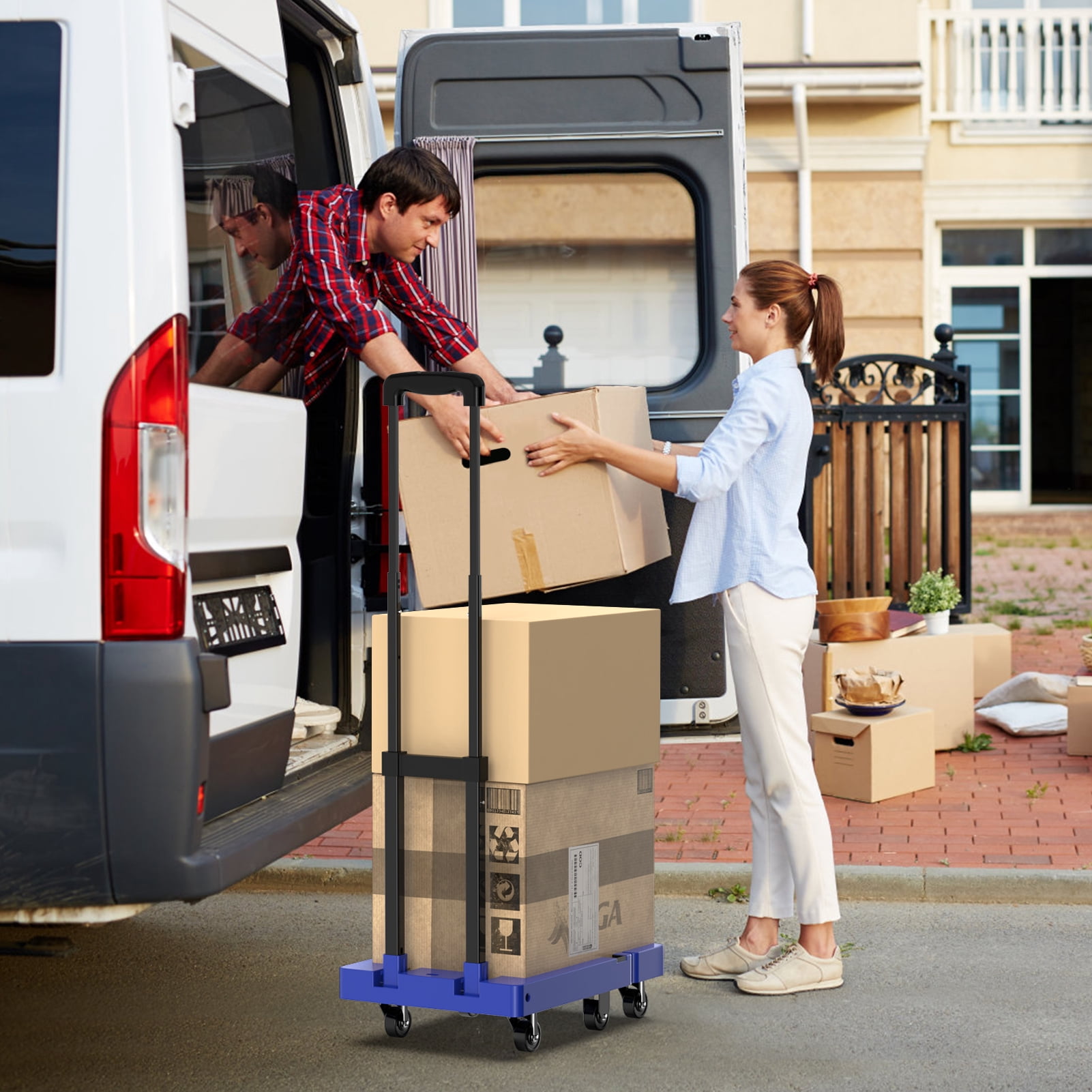 500lbs Folding Hand Truck, Heavy Duty Dolly, Portable 6 Wheels Collapsible Luggage Cart with 2 Elastic Ropes for Moving, Travel, Shopping, House Office Use, Blue
