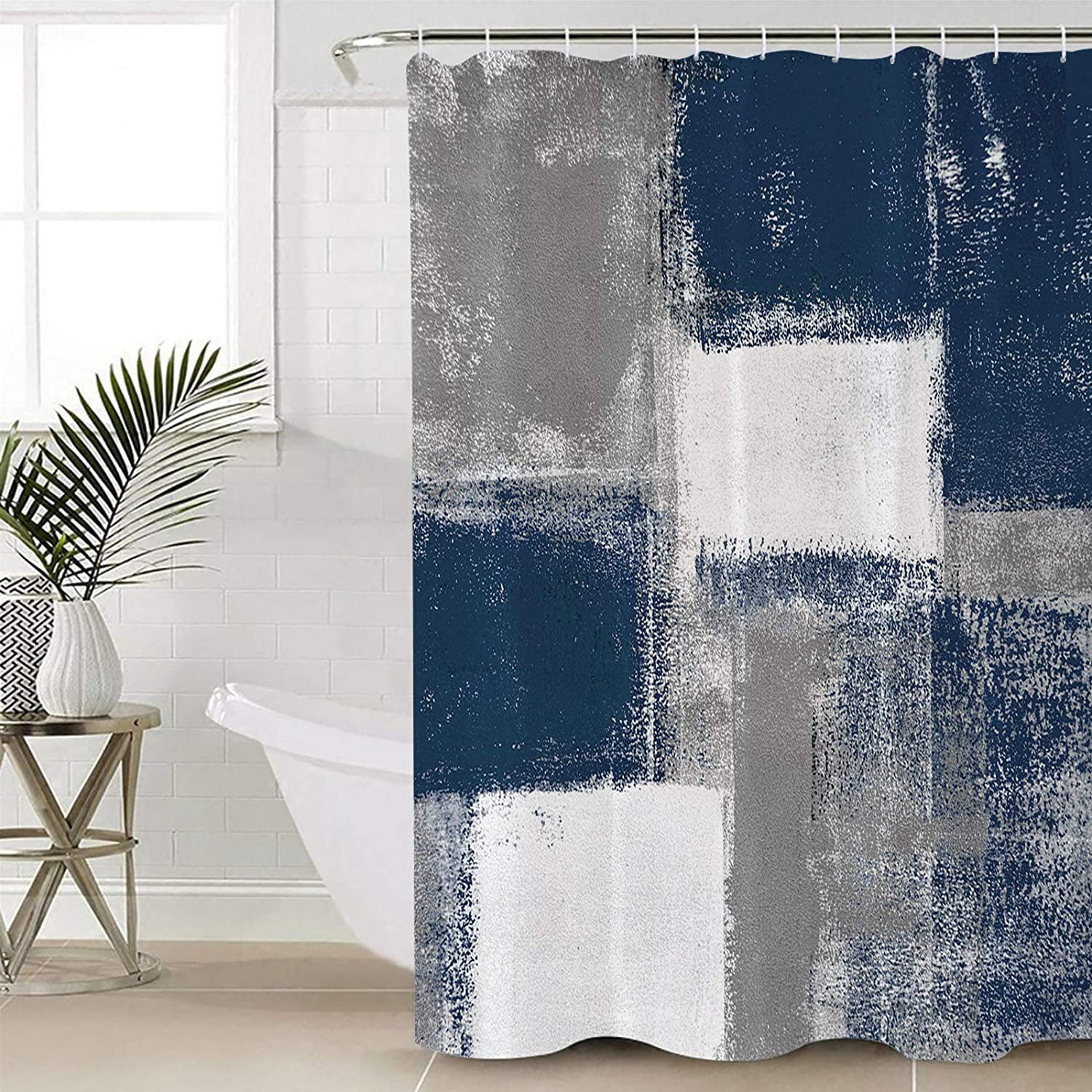 Fabric Shower Curtain for Bathroom, Oil Painting Art Blue Custom Shower Curtain Set with Hooks, Luxury Bathroom Curtains, Abstract Gray Geometric Waterproof Polyester Bathroom Accessories, 72x72inch