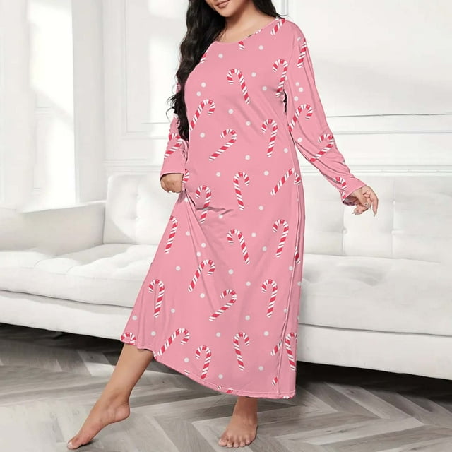 Kelon Nuisettes et Chemises de Nuit pour Femmes Liquidation Vente Nuisette Femme Grande Taille Robe de Nuit Décontractée Robe de Nuit pour Femmes Grande Taille Mignonne Imprimé de Noël Manches Longues Col Rond Extensible Ample