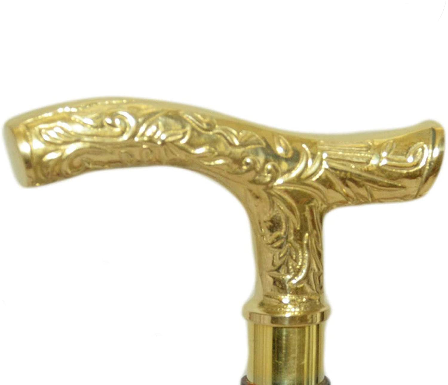 Vintage Cane Wooden Walking Stick Brass Designer Engraved Handle Victorian Style 