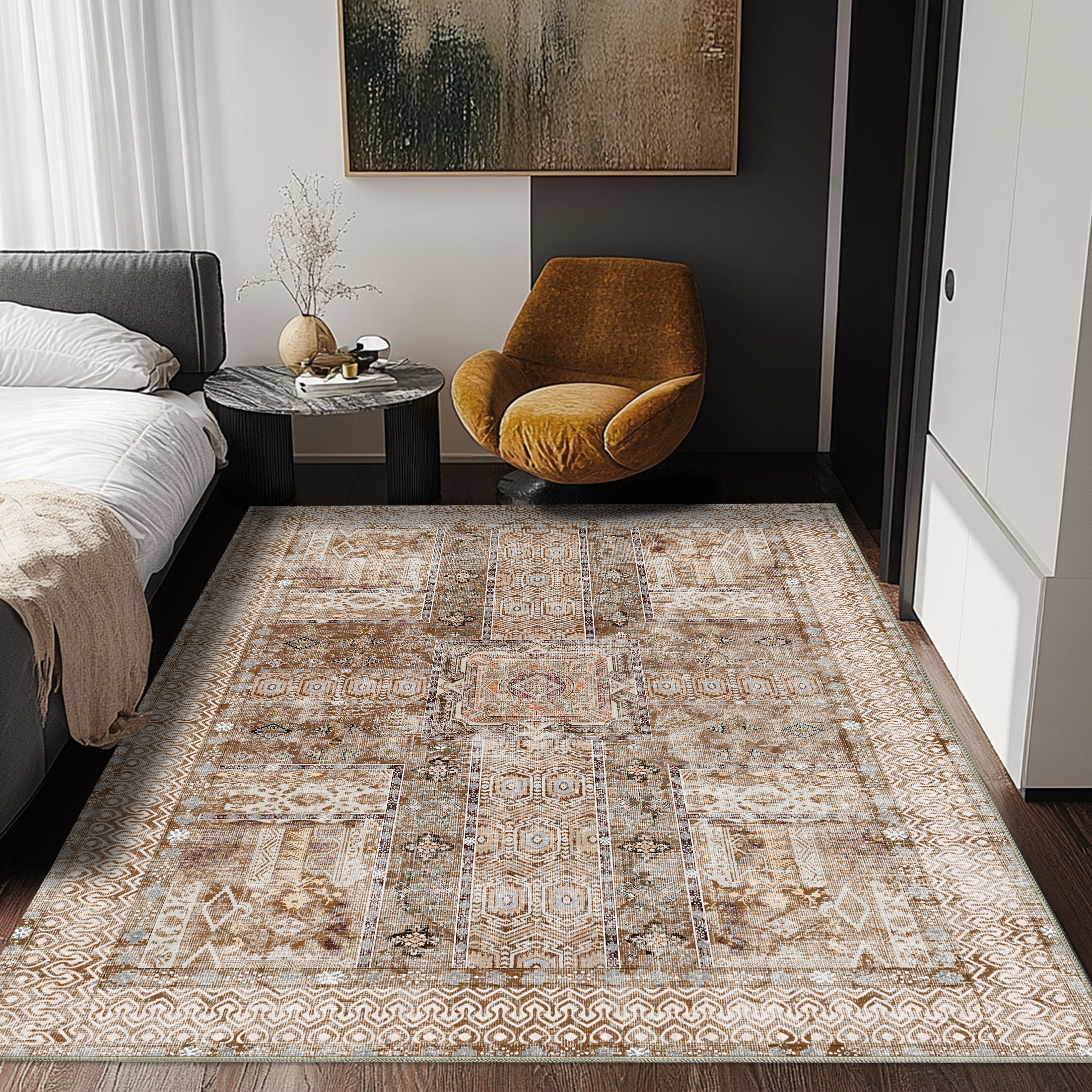 Socofuz Vintage Print Area Rug, Washable Floor Carpet Suitable for Bedroom, Living Room, Floor room, Dining room, Light Brown, 5' x 7'
