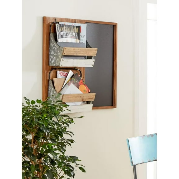 Rustic 23"H Wooden Chalkboard With 2 Metal Mail Pocket Organizer Wall Rack