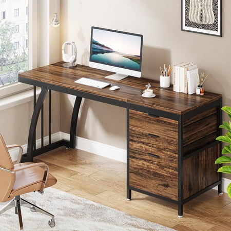 Tribesigns 59 Inch Computer Desk with 3 Drawers, Brown Industrial PC Desk with File Storage
