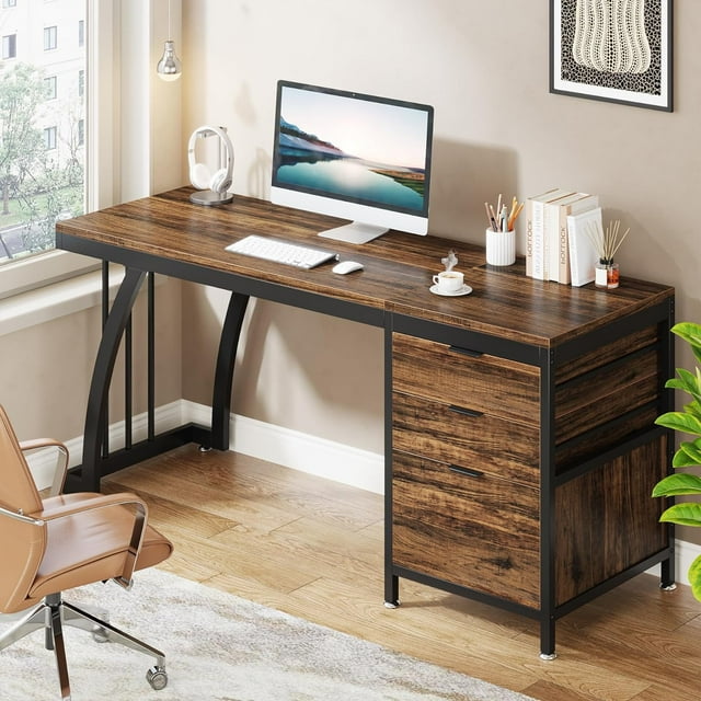Tribesigns Bureau d'Ordinateur 59 Pouces avec 3 Tiroirs, Bureau Industriel Marron avec Rangement pour Fichiers