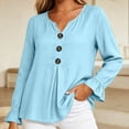 thumbnail image 5 of ClodeEU Women's V Neck Half Button Flare Long Sleeve Blouse,Casual Loose Solid Shirt Top Sky Blue,Women's Plus L, 5 of 6