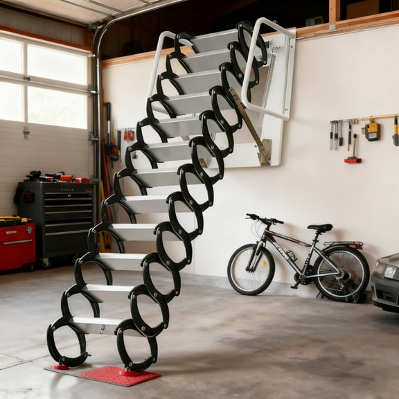 LINJI 1200LBS Wall-Mounted Retractable Attic Ladder - 12-Step Heavy Duty Wall Mounted Folding Ladder with Non-Slip Mat and Handrail