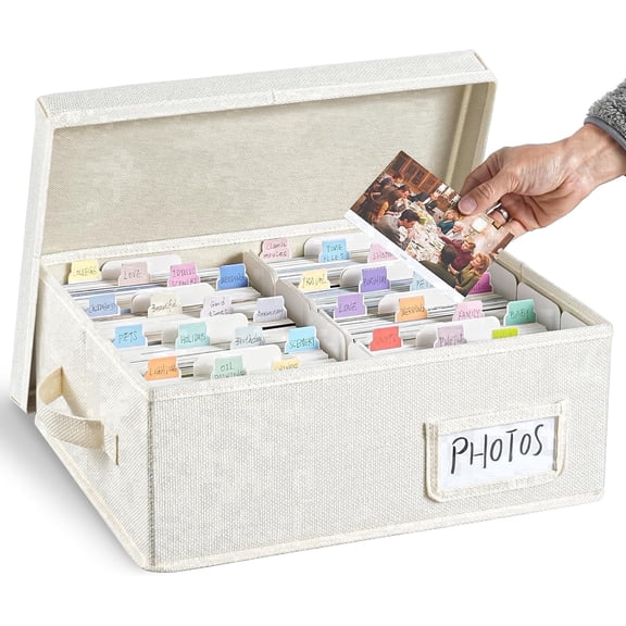 VOZOGO Photo Storage Box with Lid Sturdy Linen Decorative Photo Organizer with Dividers Fits Holds Up to 1700 Pictures and 4x6 Photos for Scrapbook Supplies,Cards, Stamps,Craft,Beige