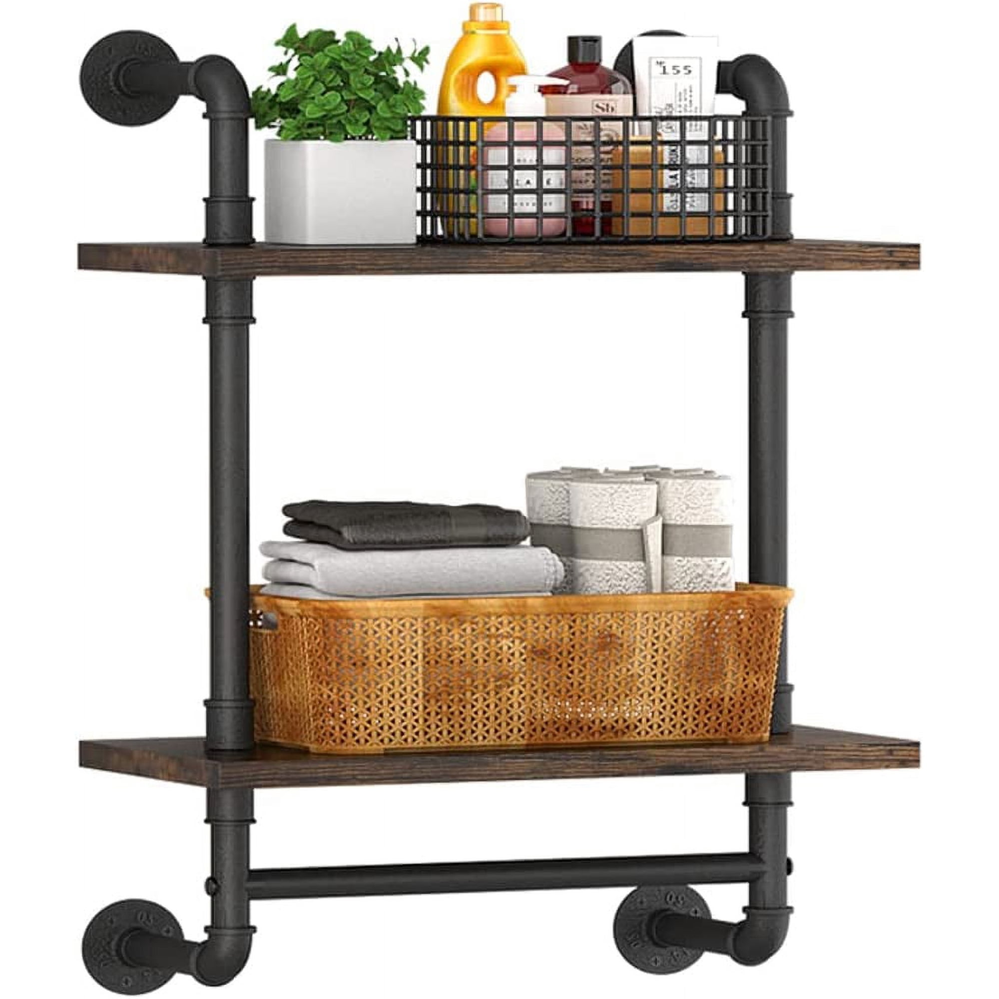 2 Tier Industrial Pipe Floating Bathroom Shelves Wall Mounted with Towel Bar Rustic Wood Wall Shelf 16 Inch Metal Towel Rack Storage Bookshelf for Bathroom Kitchen Farmhouse Living Room