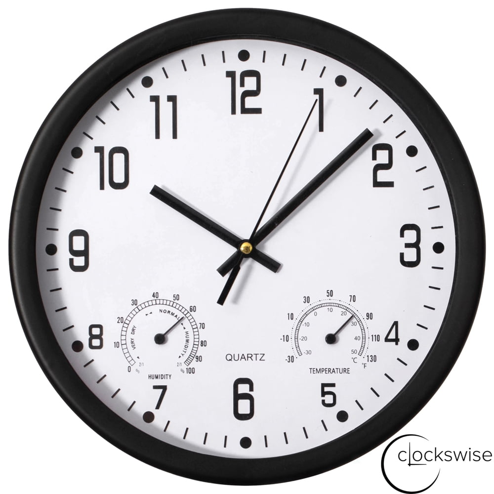 Clockswise 10-inch Non-Ticking Quartz Wall Clock with Thermometer & Hygrometer - Battery Operated Plastic Analog Clock for Temperature & Humidity Monitoring - Ideal for Home, Office or School, Black