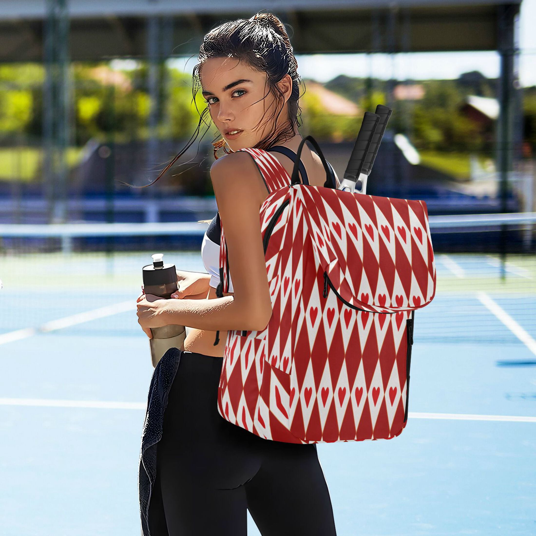 2 Racquet Holder Tennis Backpack Tennis Racket Covers Gym Bags Red Hearts and Diamonds